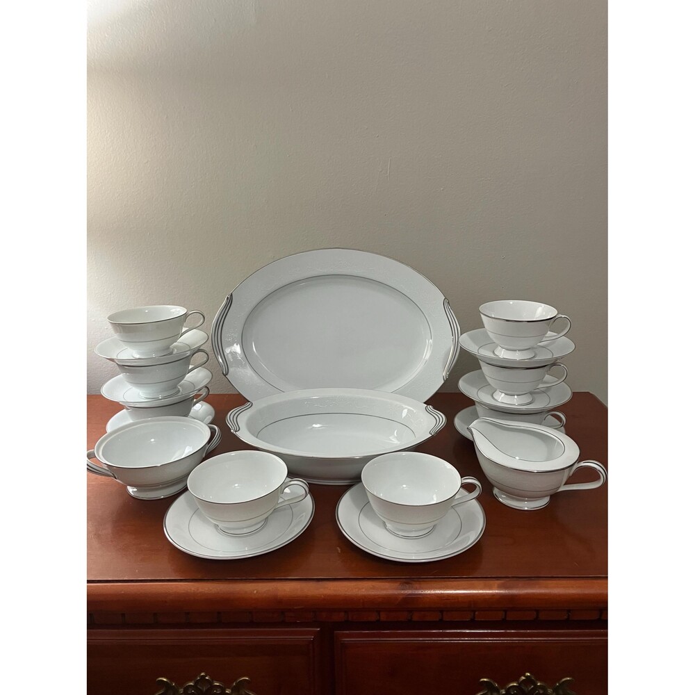 Vintage Noritake Whitehall 6115 Platinum Trim China Set (19-Piece Collection)